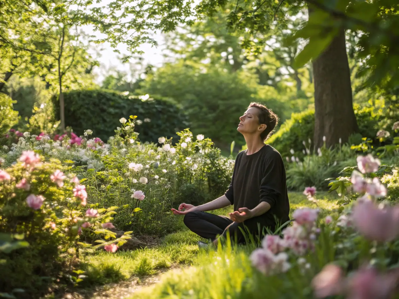 A serene image of a person meditating in a park, representing mindset development, with a focus on mental well-being and clarity.