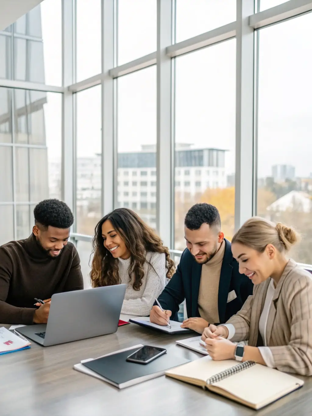 A diverse group of professionals collaborating in a modern co-working space, representing team dynamics and leadership development in a business environment.