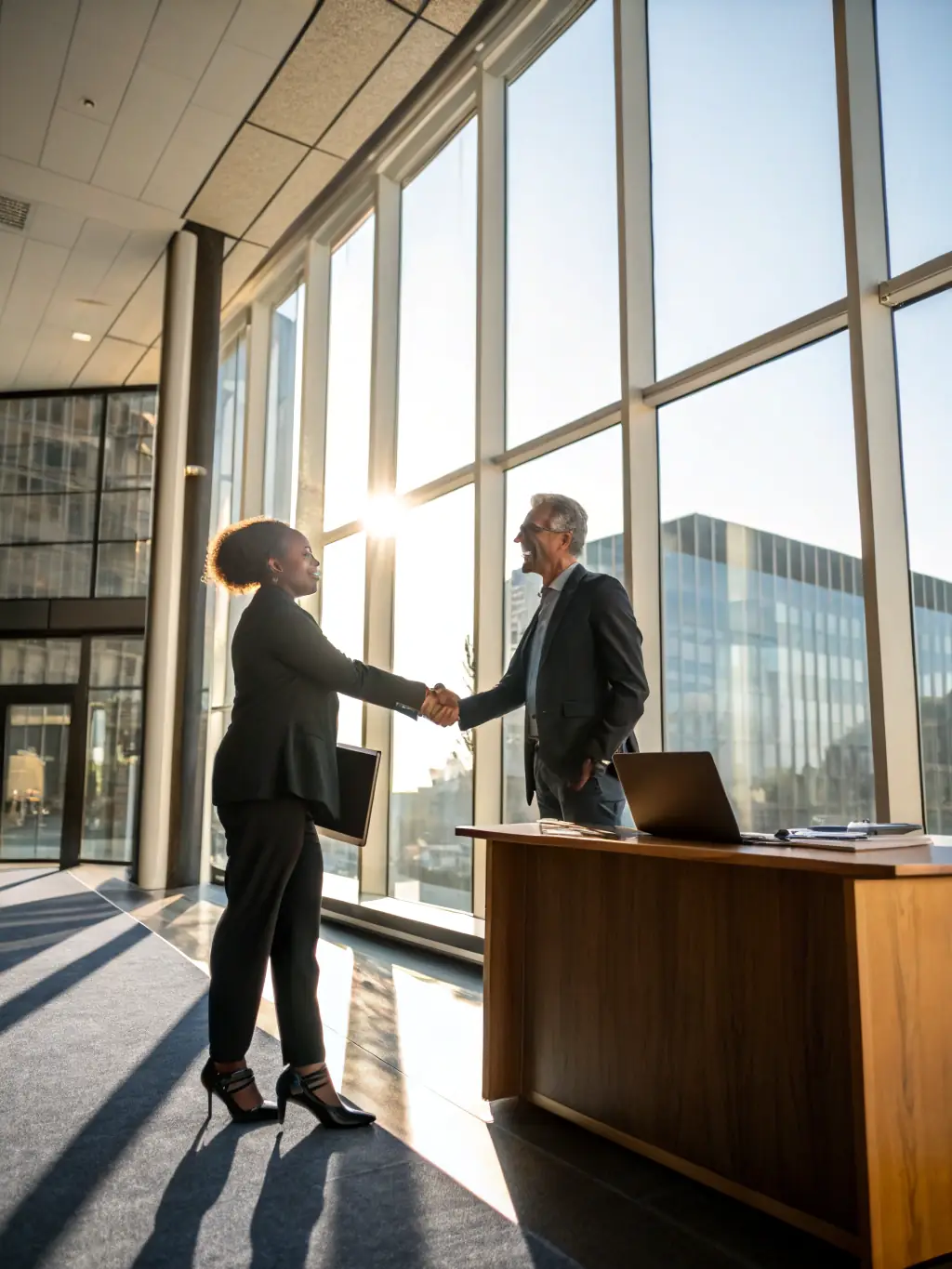 A coach celebrating a success with a client, both smiling and shaking hands in front of a graph showing upward progress, symbolizing a coaching success story.