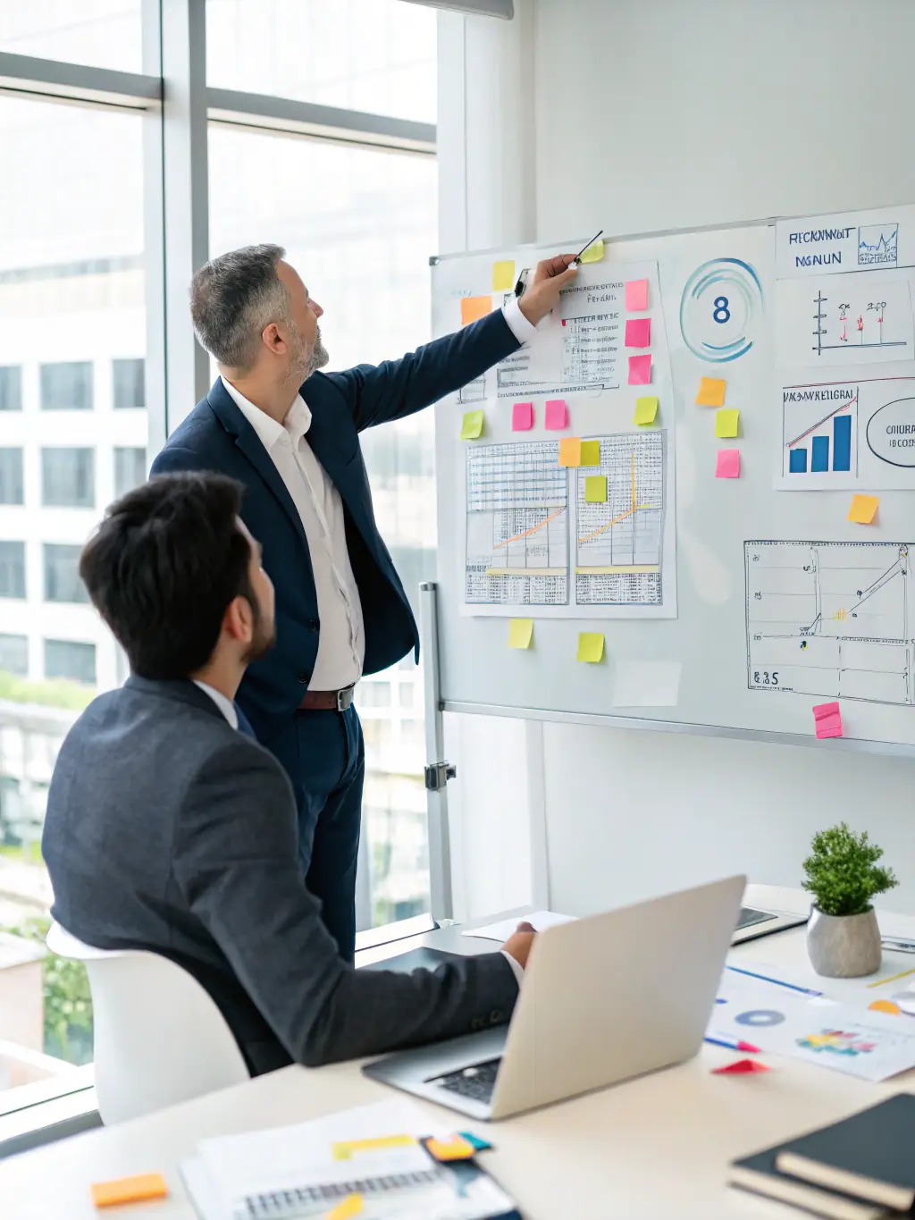 A professional business coach in a modern office setting, guiding a client through a career growth hacking strategy session, with a whiteboard filled with innovative ideas in the background.